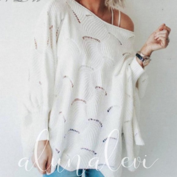 Bellanblue Sweaters - Boho White Knit Oversized Scallop Hem Sweater